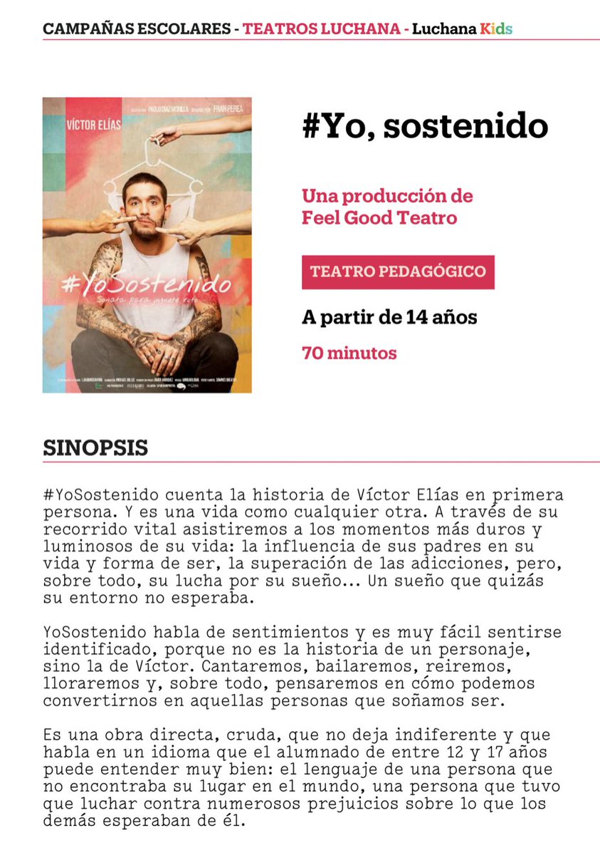 Docentes de #Educación Secundaria de Madrid: estamos en <a href="/TeatrosLuchana/">Teatros Luchana</a> en #CampañaEscolar #YoSostenido
"Habla en un idioma que el alumnado de entre 12 y 17 años puede entender muy bien: el lenguaje de una persona que no encontraba su lugar en el mundo"
ticketing@grupoluchana.es