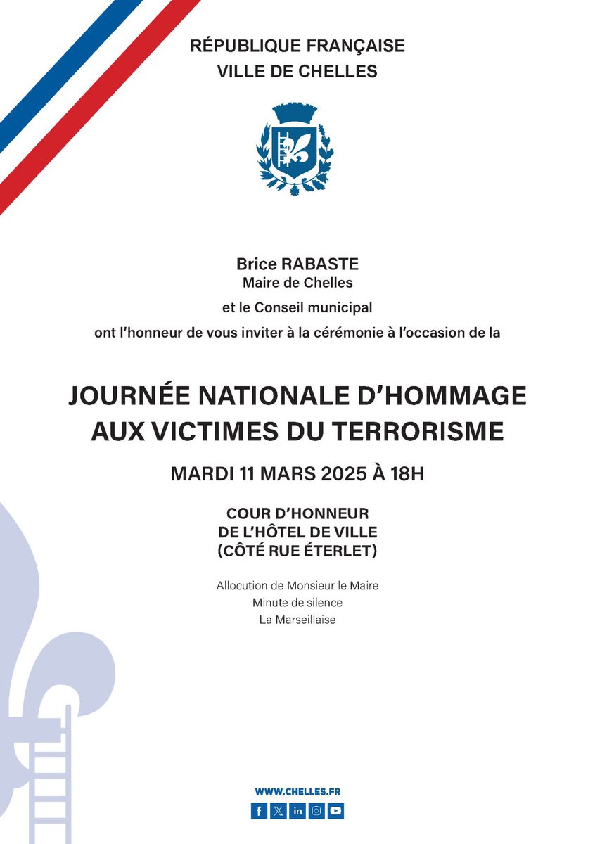 J’ai l’honneur de vous inviter à la cérémonie à l’occasion de la journée nationale d’hommage aux victimes du terrorisme, ce soir à 18h à l’hôtel de ville.
