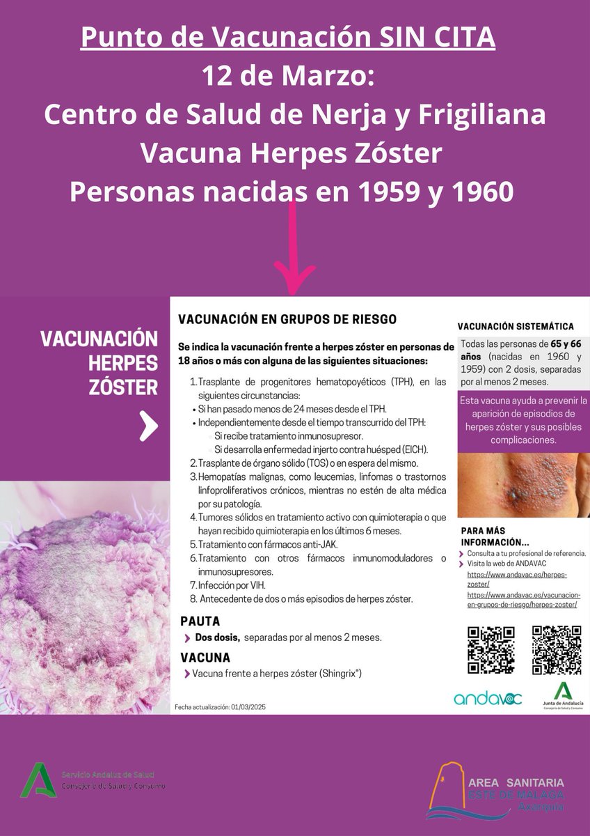saludaxarquia's tweet photo. Seguimos informando puntos vacunación sin cita, Centro de Salud de Nerja habilita para mañana miércoles en horario mañana y tarde, vacunación frente al Virus Papiloma Humano y vacunación nacidas en 1959 y 1960 relación con #HerpesZóster.
@Andavac_ 
@Ayto_Nerja 
@AytoFrigiliana https://t.co/8GeSGF4yZO