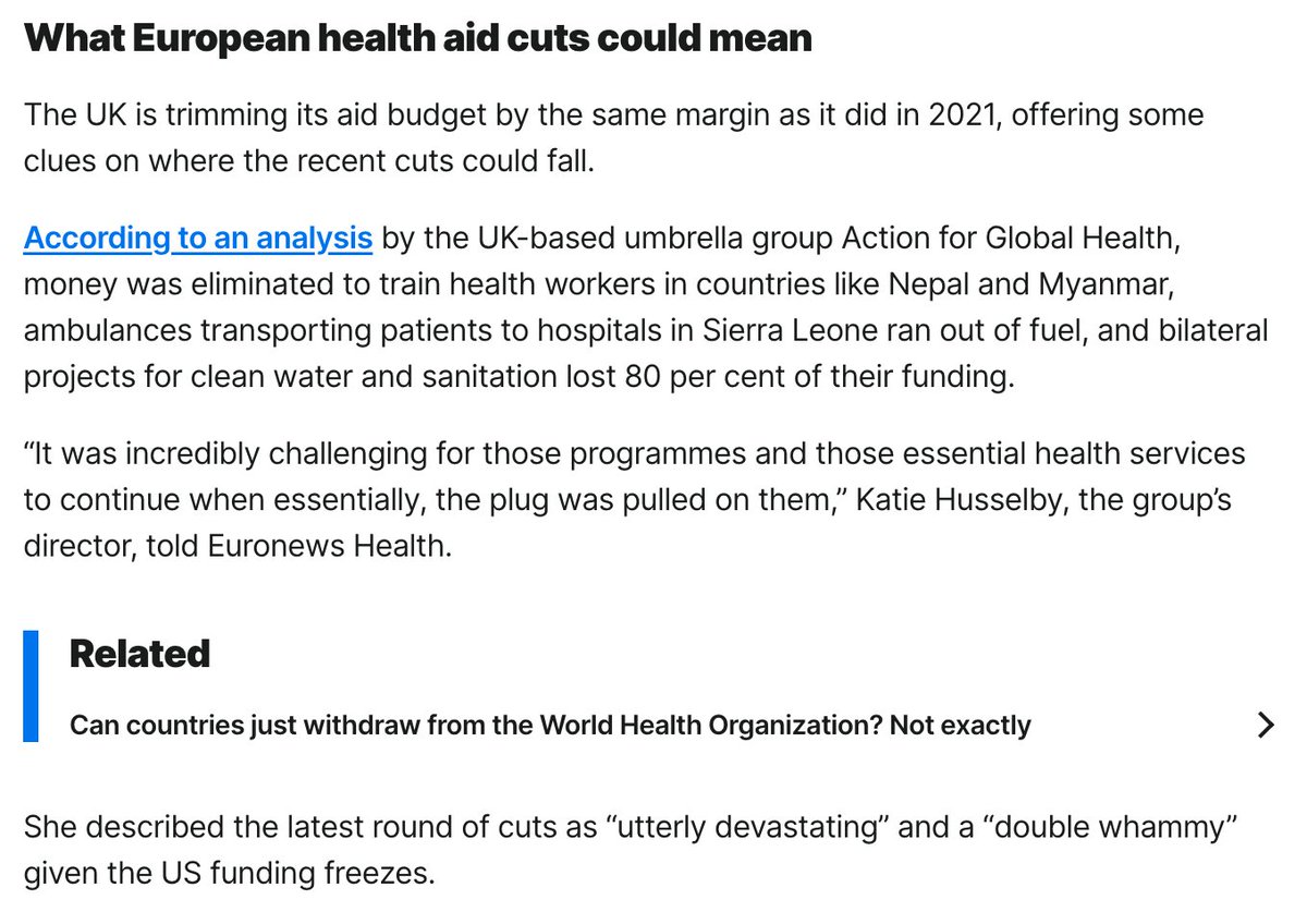 💬 "Utterly devastating" 
"A double whammy"  

As countries on both sides of the Atlantic slash aid spending, our Director, Katie Husselby, spoke to <a href="/euronews/">euronews</a> about what the UK's cuts could mean for global health programmes.

Read the full article 👉 bit.ly/4iCz7h8