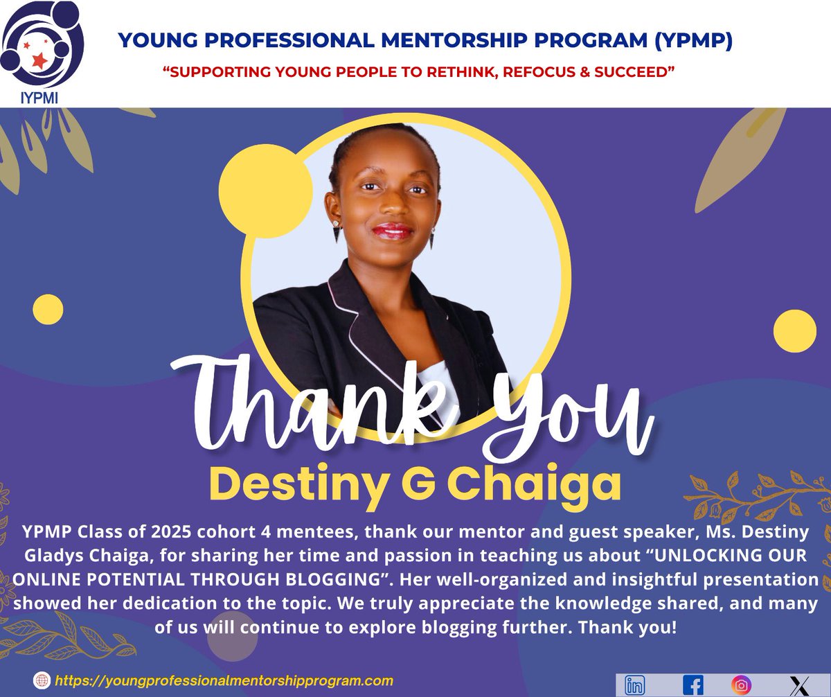 As the Young Professional Mentorship Program, we were privileged on Sunday 9th march , 2025 to drink from the cup of  our guest speaker’s wisdom, ms. <a href="/ChaigaDestiny/">Destiny Gladys Chaiga</a> who ably took us through a session on “Unlocking our online  potential through Blogging”. 
#YPMP2025