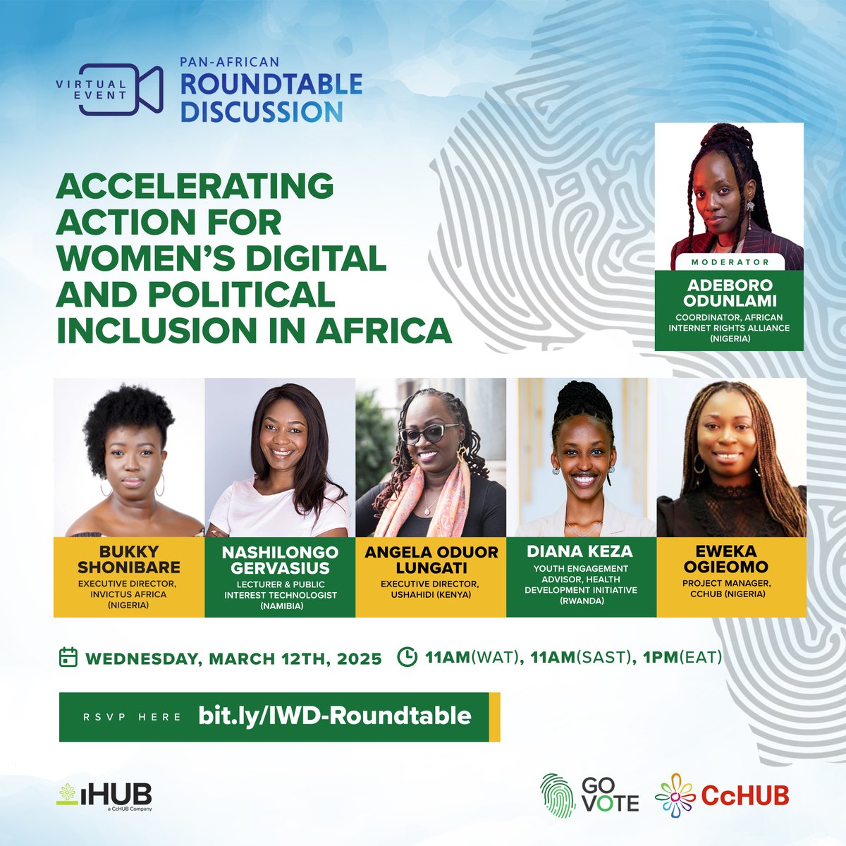 Bukky Shonibare <a href="/InvictusAfrica/">Invictus Africa</a>, Adeboro Odulami <a href="/AIRAfrica/">African Internet Rights Alliance</a>, Nashilongo <a href="/Nashilongo/">Nashilongo</a>, Angela Oduor <a href="/AngieNicoleOD/">Angela Oduor Lungati</a>, <a href="/ushahidi/">Ushahidi</a>