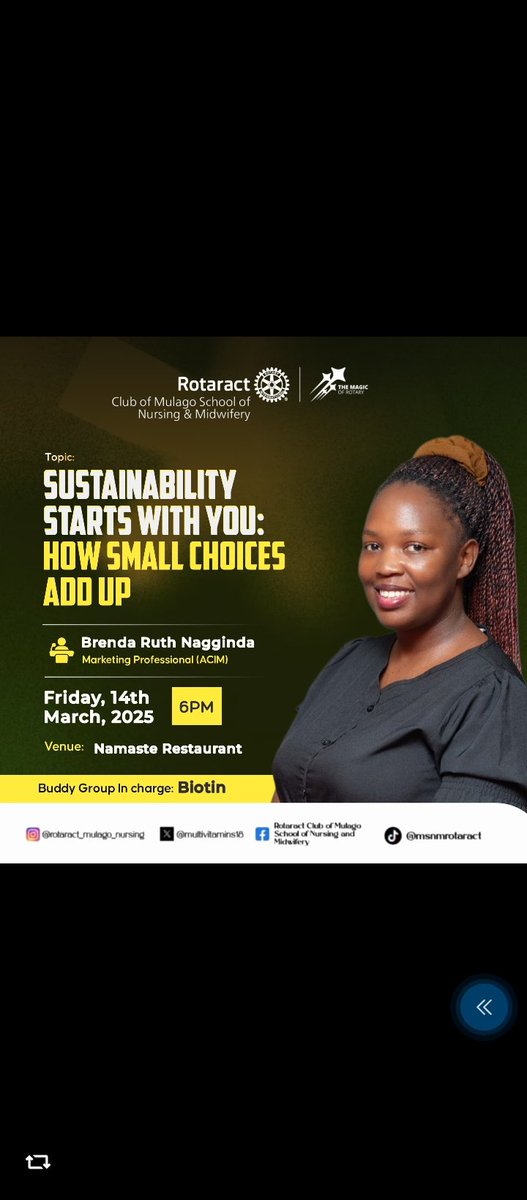 "🌍 Small choices, BIG impact! 🌱 Join us this Friday, 14th March 2025, at 6 PM ⏰ at Namaste Restaurant 🍽️ for an eye-opening session on sustainability with Brenda Ruth Nagginda. 💡✨ Let's learn how everyday actions can make a lasting difference! See you there! 💚♻️