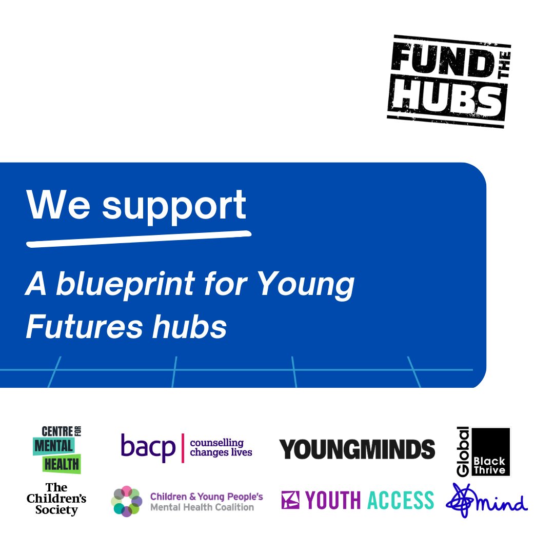 We support the #FundtheHubsblueprint, which sets out core principles to deliver Young Futures hubs. 
Mental health and wellbeing should be at the heart of these hubs, building on the brilliant community services that already exist 💙Read it here: cypmhc.org.uk/publications/a…