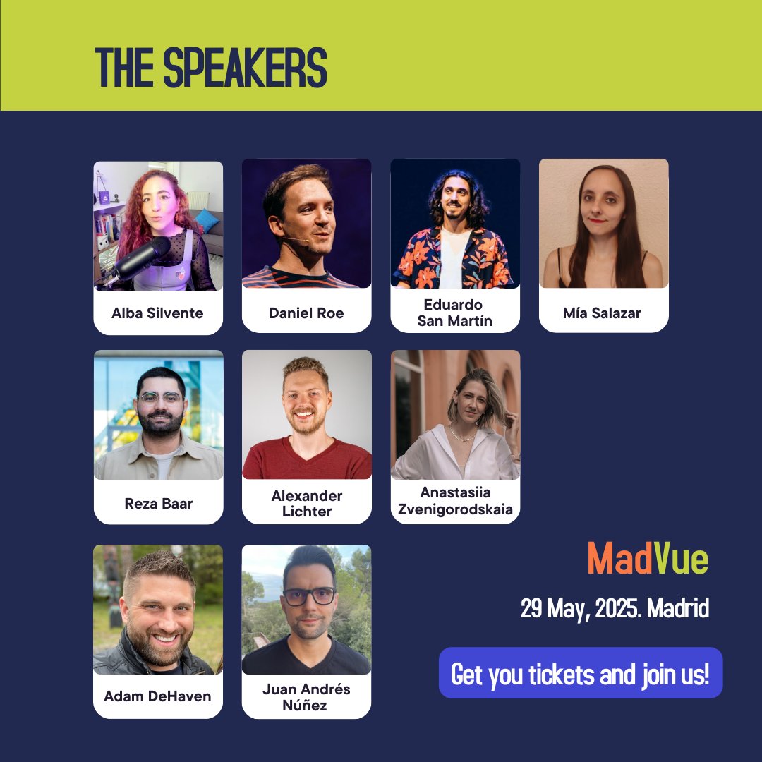 🌟 #MadVue 2025: The Speakers!

🎤 Learn from top experts (Vue.js, Nuxt, Pinia, Accesibility &amp; more)
🤝 Connect with the <a href="/vuejs/">Vue</a> community
🥘 Coffee &amp; food
🎉 Lot of fun!

🎟️ Get your ticket before they’re gone! 👇
madvue.es

#Vuejs #Frontend #TechConference