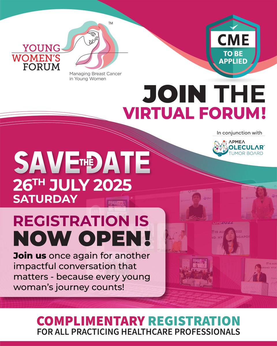 ywforum_'s tweet image. Save the Date! Young Women’s Forum 2025 – a virtual scientific meeting on breast cancer in young women happening July 26, 2025.
Expert discussions, latest research, & clinical insights – FREE for healthcare professionals!
Register now: onlinev2.index.ae/linkedin/Bgyuy…
#YWF2025