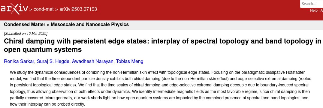 Awadhesh Narayan (@anarayan_) on Twitter photo Ronika and Suraj have discovered unique dynamics arising from interplay of spectral and band topology in open quantum systems. Our preprint is now out on arXiv. Nice collaboration with Suraj Hegde (IISER-TVM) and Tobias Meng (TU Dresden) <a href="/_SSCU_IISc/">Solid State and Structural Chemistry Unit</a>
arxiv.org/abs/2503.07193 Ronika and Suraj have discovered unique dynamics arising from interplay of spectral and band topology in open quantum systems. Our preprint is now out on arXiv. Nice collaboration with Suraj Hegde (IISER-TVM) and Tobias Meng (TU Dresden) <a href="/_SSCU_IISc/">Solid State and Structural Chemistry Unit</a>
arxiv.org/abs/2503.07193