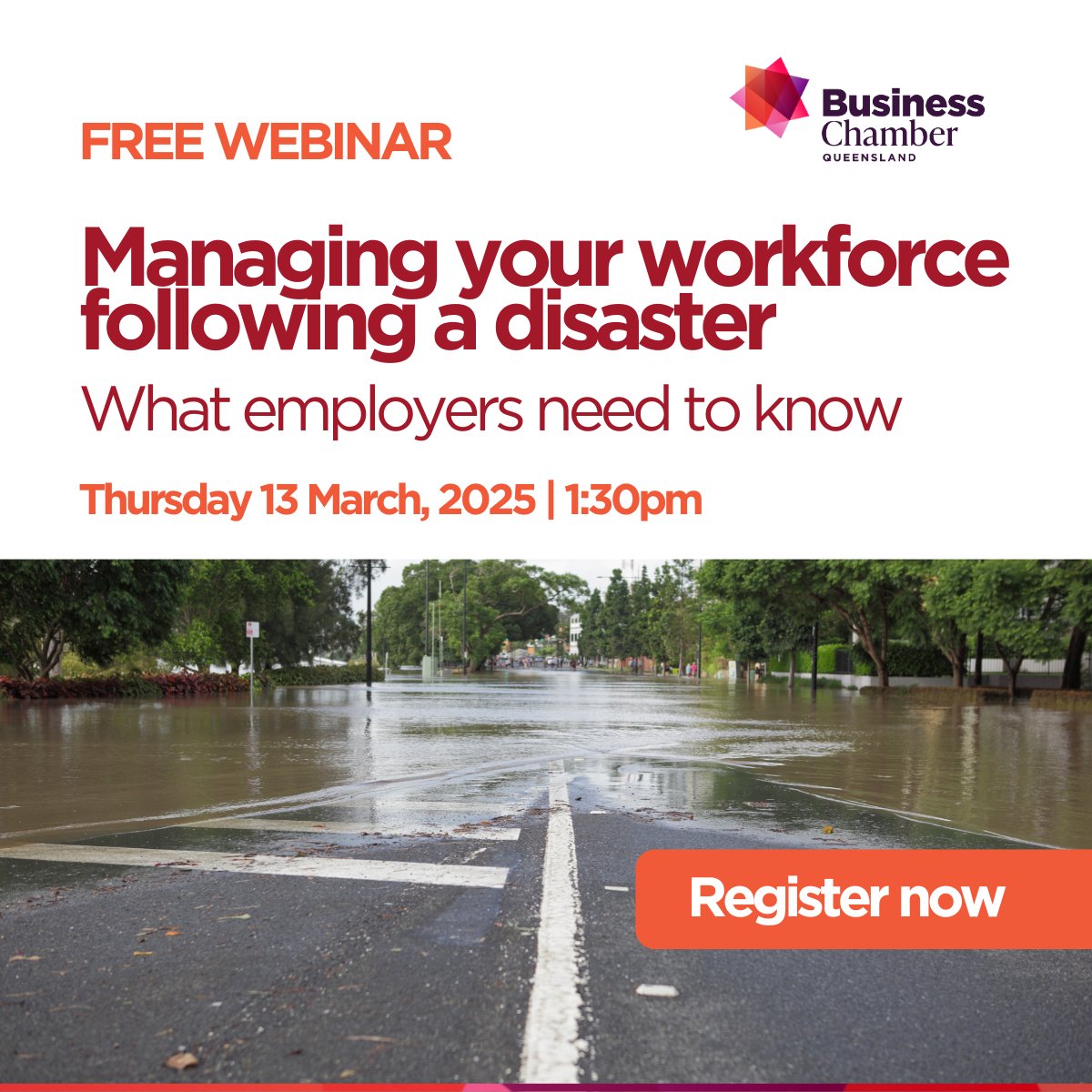 Due to demand, we're scheduling an additional FREE webinar for Queensland businesses this Thursday on managing your workforce following a disaster.

Webinar details:
Date: Thursday 13 March
Time: 1:30pm - 2:00pm
Virtual webinar

Register now: events.humanitix.com/managing-your-…
