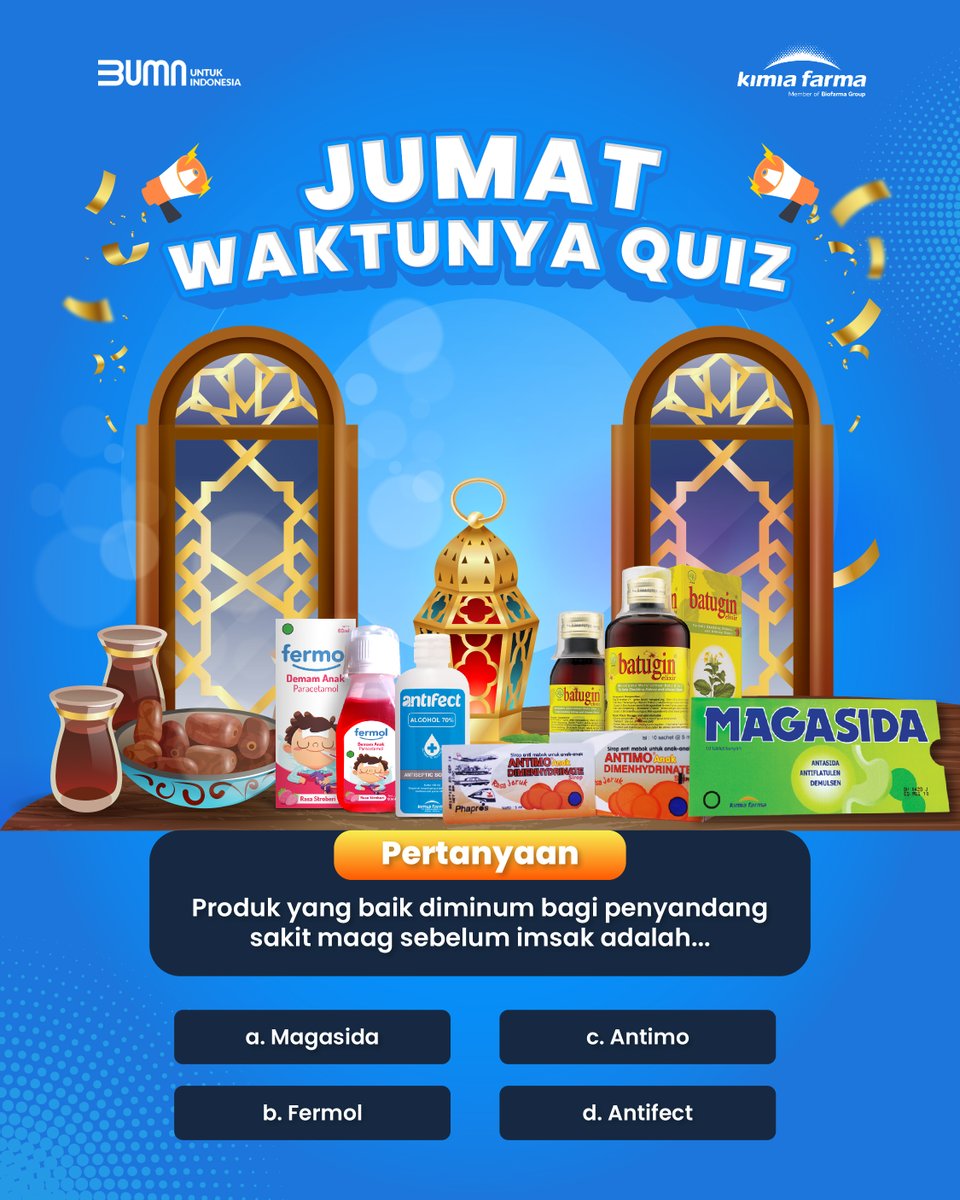 kimiafarmaind's tweet image. Jumat waktunya quiz! Apa produk yang baik diminum bagi penderita sakit maag sebelom imsak? Caranya gampang, jawab pertanyaan berikut dan jangan lupa untuk tag tiga (3) temanmu untuk ikut seru-seruan jawab quiz ini

#IngatSehatIngatKimiaFarma #quiz #kuis #kuisinstagram