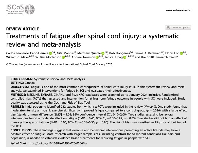 Carlos L. Cano Herrera (@carlos_leo_cano) on Twitter photo New paper out 🚨
Thrilled to announce that our recent <a href="/SCIREProject/">SCIRE Professional</a>, systematic review with meta-analysis of #fatigue treatments in people with spinal cord injury #SCI, has been published in <a href="/JournalSCI/">Spinal Cord Journal</a>
Publication link ➡️ nature.com/articles/s4139… New paper out 🚨
Thrilled to announce that our recent <a href="/SCIREProject/">SCIRE Professional</a>, systematic review with meta-analysis of #fatigue treatments in people with spinal cord injury #SCI, has been published in <a href="/JournalSCI/">Spinal Cord Journal</a>
Publication link ➡️ nature.com/articles/s4139…