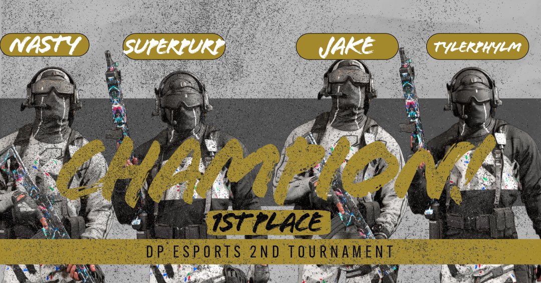🏆CONGRATULATIONS 🏆TO <a href="/EarnYourMedal/">EYM🎖</a> 
For Winning the Second Ever Hosted DP Esports Tournament! #champs 

🥇<a href="/NastyyWCi/">Nastyy</a> 
🥇<a href="/PurpWCi/">SUPERPURP</a> 
🥇<a href="/TylerPhylm/">Tyler</a> 
🥇<a href="/9Frex/">.</a>