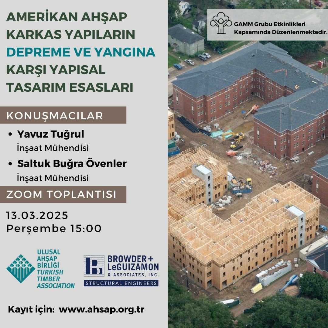 Merhaba, Ahşap binalarda deprem ve yangın tasarımı ençok sorulan, merak edilen konuların başında geliyor. Dünyada en yaygın kullanılan ülke olan ABD ‘nde ki 4-5 katlı ahşap bina uygulamalarının anlatılacağı webinarı kaçırmayın. Kolay kayıt için: ahsap.org.tr/event-details/…