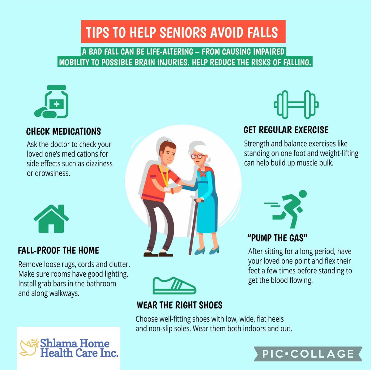 ShlamaHHC's tweet photo. #Fallprevention tips for #seniors
1. Focus on a #safehome environment
2. Check medications with #healthcareprovider 
3. Regular exercise
4. Addressing any underlying #health issues. 
5. Clear clutter, improve lighting, install grab bars, proper footwear. 

https://t.co/QbDnUuHI5S https://t.co/Vah7dY3MUb