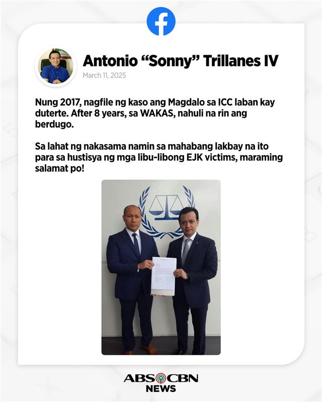 Ikinatuwa ni dating senador Antonio Trillanes IV ang pag-aresto kay dating Pangulong Rodrigo Duterte ngayong Martes, Marso 11.