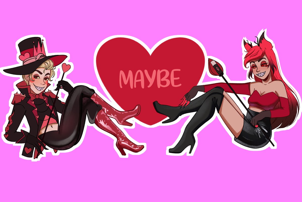 Alastra and Lucifer, from my fic "Usurper Fleur" in AO3, Inspired by Valentine's Day merch. 
archiveofourown.org/works/59768527…
(Art by Claud Kamalie en #Fiverr )
#radioapple #appleradio #femalastor #alastorfanart #alastorxlucifer
