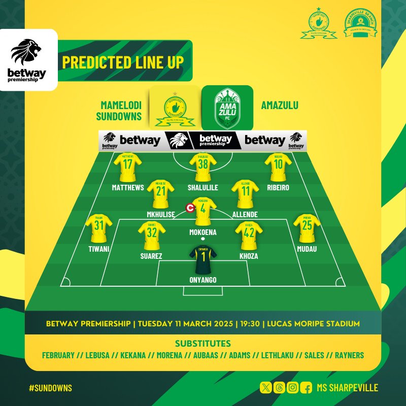 MS_Sharpeville's tweet photo. ๐ฃ๐ฅ๐๐๐๐๐ง๐๐ ๐๐๐ก๐ ๐จ๐ฃ
Here is our predicted line up for this evening's game against AmaZulu.
Who do you think Don Cardoso will pick?
#Sundowns ๐ #BetwayPrem #SUNAMA https://t.co/jiygXjxA9D