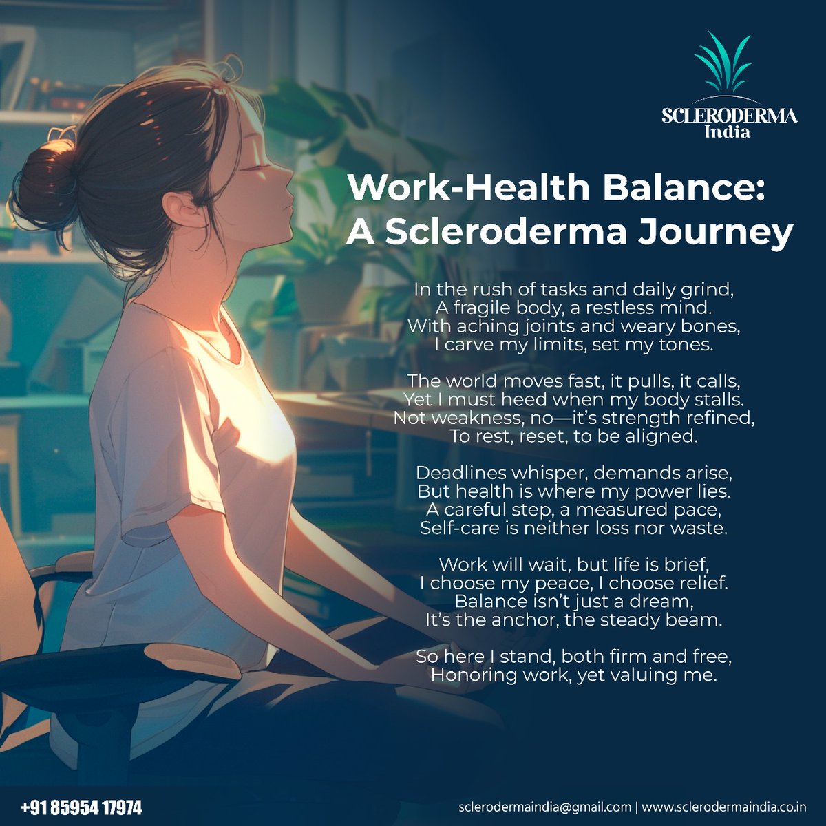 ScleroIndia's tweet image. Work-Health Balance: A Scleroderma Journey
#SclerodermaIndia #SystemicSclerosis #Scleroderma #Poetry #Poem #ChronicIllness #autoimmunedisease