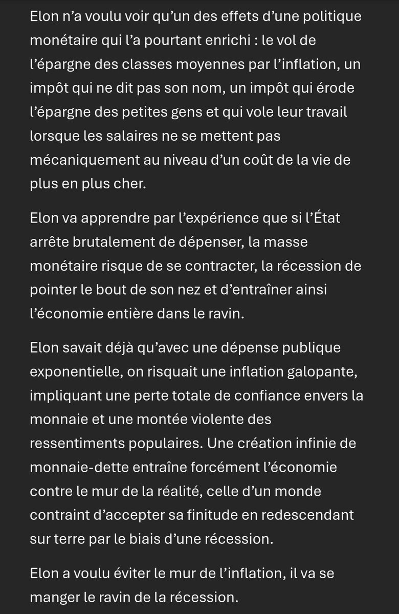 AniceLajnef's tweet photo. En voulant éviter l’inflation par une réduction drastique des dépenses publiques, Elon risque de précipiter l’économie dans une récession profonde.

À moins qu’une grande guerre ne vienne opportunément relancer la dette publique… et préserver sa fortune. https://t.co/xsphFdhPTz