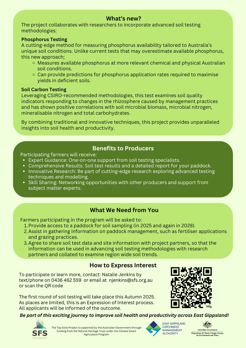 🌱 FREE Soil Testing - Seeking expressions of interest from East Gippsland Farmers! 🌱

Get  insights into your soil health with a fully funded testing program! Receive a detailed report  &amp; contribute to vital research. Spots are limited!

👉 Register here bit.ly/3PTIOLY