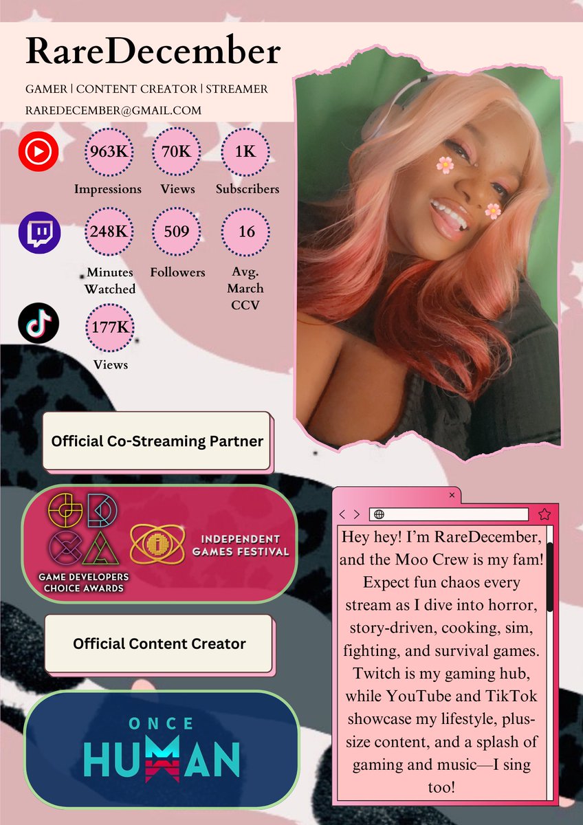 RareDecember's tweet image. Excited to share my first media kit! Open to collabing, new game opportunities, hosting and more!