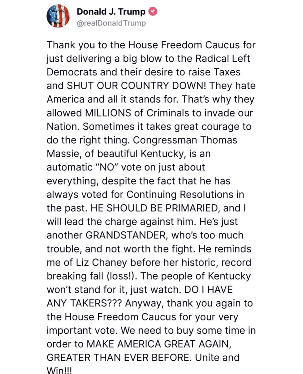 To all #MAGA people.... Let me stop you at CONTINUATION. <a href="/realDonaldTrump/">Donald J. Trump</a> wants to Primary <a href="/RepThomasMassie/">Thomas Massie</a> over this CR?? You know who will vote to CONTINUE - Deepstate Democrats!! This is a failure of <a href="/MikeJohnson/">Mike Johnson</a> and the #GOP to bring a #Budget. #ShutitDown #MoreLikeMassie