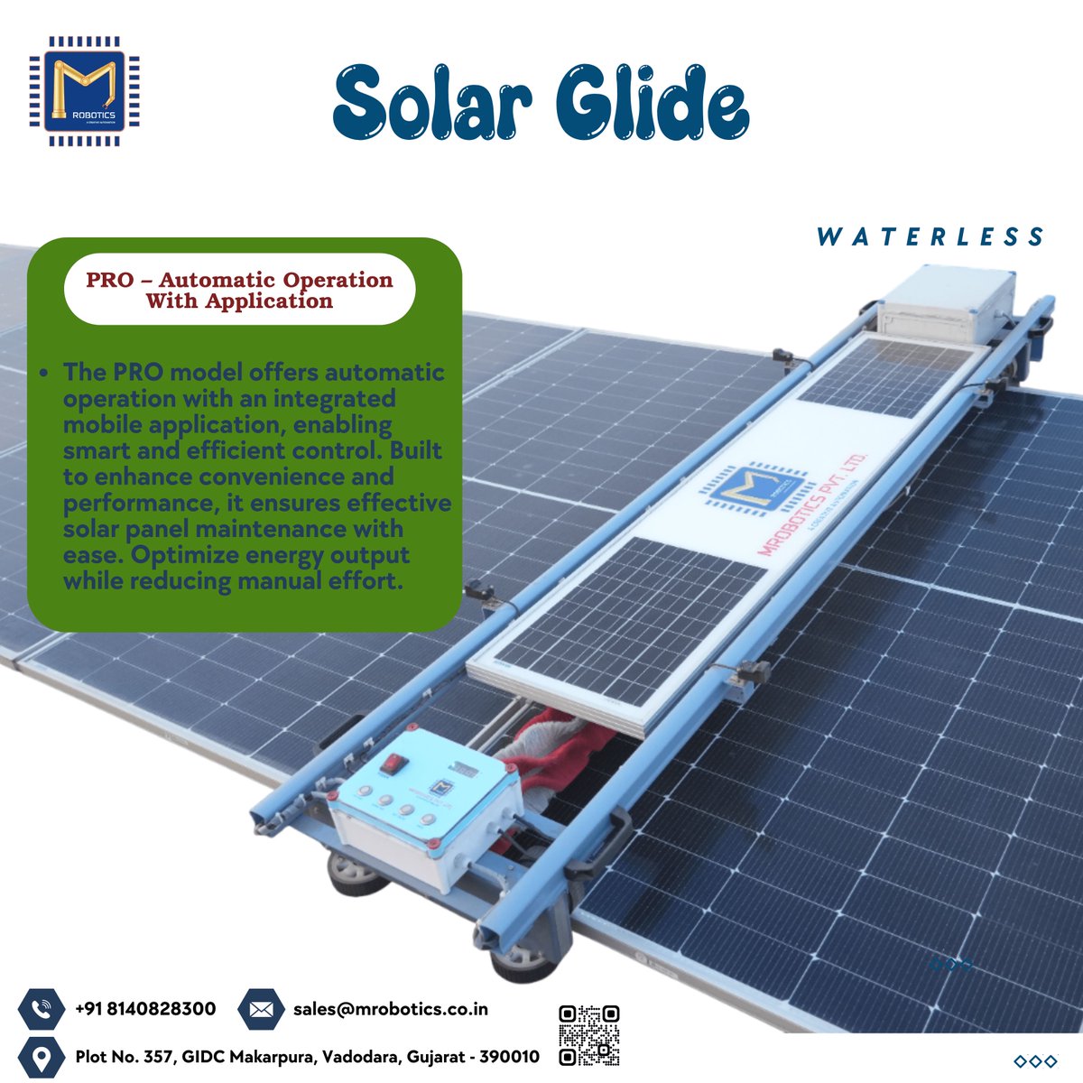 mrobotics_PLTD's tweet image. ☀️ Solar Glide – Smart, Waterless, Automatic! 🤖💡Clean solar panels effortlessly with app-controlled automation! 🚀 No water, no manual effort—just maximum efficiency &amp;amp; energy output! ⚡
📩 sales@mrobotics.co.in | 📲 +91 8140828300
#SolarGlide 🚀 #WaterlessCleaning 💧