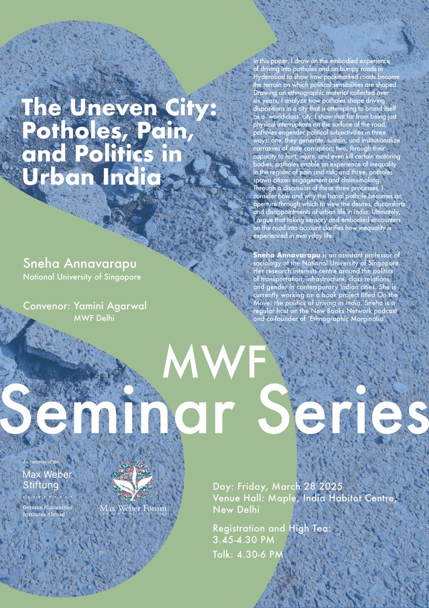 The next talk under <a href="/MWF_Delhi/">Max Weber Forum for South Asian Studies</a> #seminarseries 
🗣️Sneha Annavarapu, National University of #Singapore 
📆Friday, 28 March 2025
🛐Maple Hall, India Habitat Centre, Delhi
Registrations mandatory.
To register send 📩 to events@mwsindia.org by 
19 March 2025