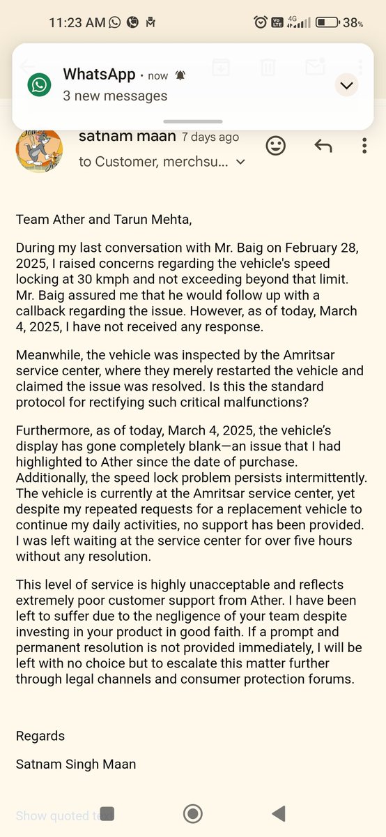 satnammaan's tweet photo. @Xavier79Joseph @atherenergy @tarunsmehta @atherenergy @tarunsmehta @makeinindia @nitin_gadkari ji, Ather has provided a faulty vehicle to the Customer and since the first day they are not replacing it. Its a defective vehicle from the Ather Factory. https://t.co/i2nysBecJP