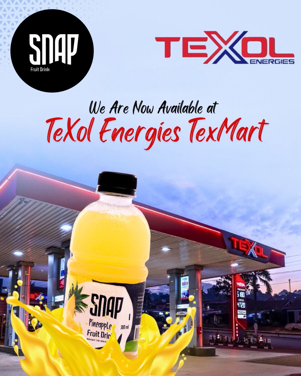 snapjuiceug's tweet photo. SNAP Fruit Drink is now available at @TexolEnergies 🚗⛽ Grab a bottle of our refreshing Pineapple Fruit Drink and fuel your day with tropical vibes🍍🥤
Stop by TexMarts at Texol Energies, fuel up, and refresh yourself with every sip ✨
#SNAPFruitDrink #TexOlEnergies #TexMart https://t.co/gxheCPeFeZ