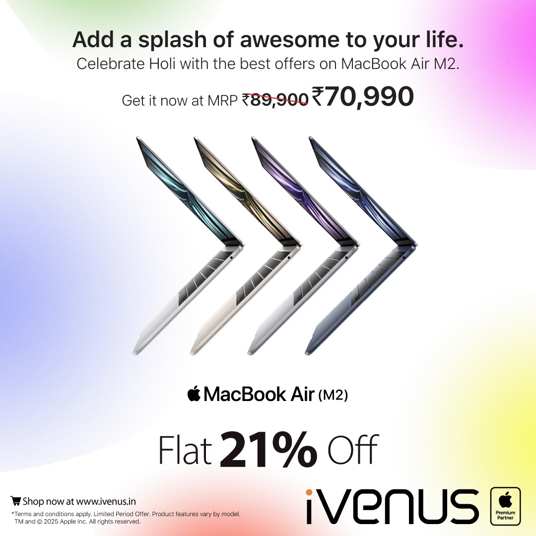 iVenusAPR's tweet photo. 💻 Celebrate the festival of colors with the MacBook Air M2 – now at just ₹70,990 only at iVenus Apple Store! 🌈
#Holi #Holi2025 #Holioffers #Holideals #MacBookAirM2 #AppleMacBook #iVenusAppleStore #iVenus #AppleIntelligence #iVenusApple #ApplePremiumPartner https://t.co/mivg3Paw6E