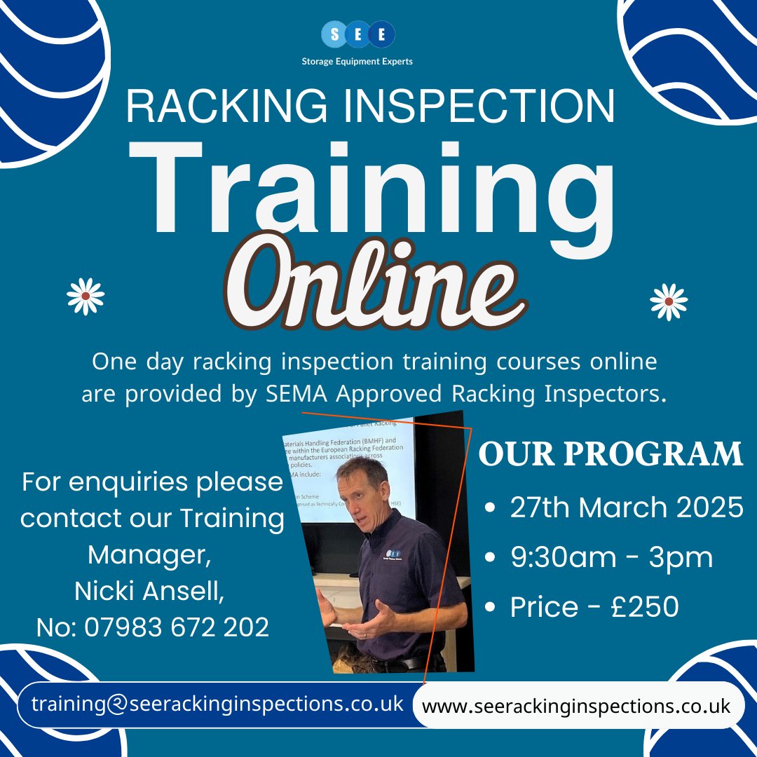 _see_racking's tweet image. One day racking inspection training courses are provided by SEMA Approved Racking Inspectors and have been assured by RoSPA.

March 27 @ 9:30 am - 3:00 pm
£250.00

Invest in safety today! Secure your spot now:👉seerackinginspections.co.uk/training-cours…

#Racking #RackingInspection #OnlineTraining