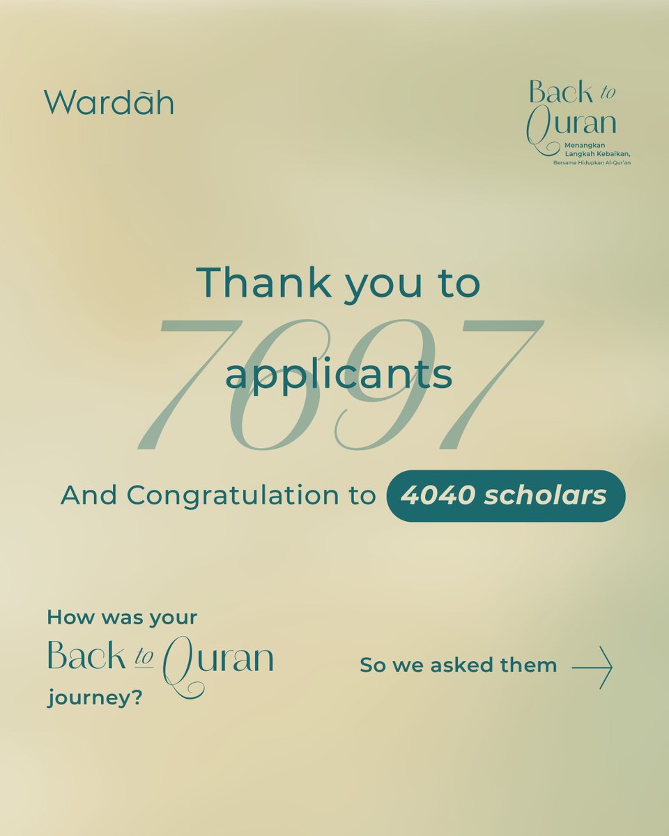 wardahbeauty's tweet photo. Terima kasih antusiasmenya buat Wardah Global Qur’an Movement, beauties! Telah terpilih 4.040 scholars untuk belajar Al-Quran lebih dalam. Semoga pejalanan #BackToQuran ini bermanfaat bagi kita semua 😊 Swipe utk baca kisah mereka!
#MenangkanLangkahKebaikan #WardahRamadan2025 https://t.co/QXs47kgxmP
