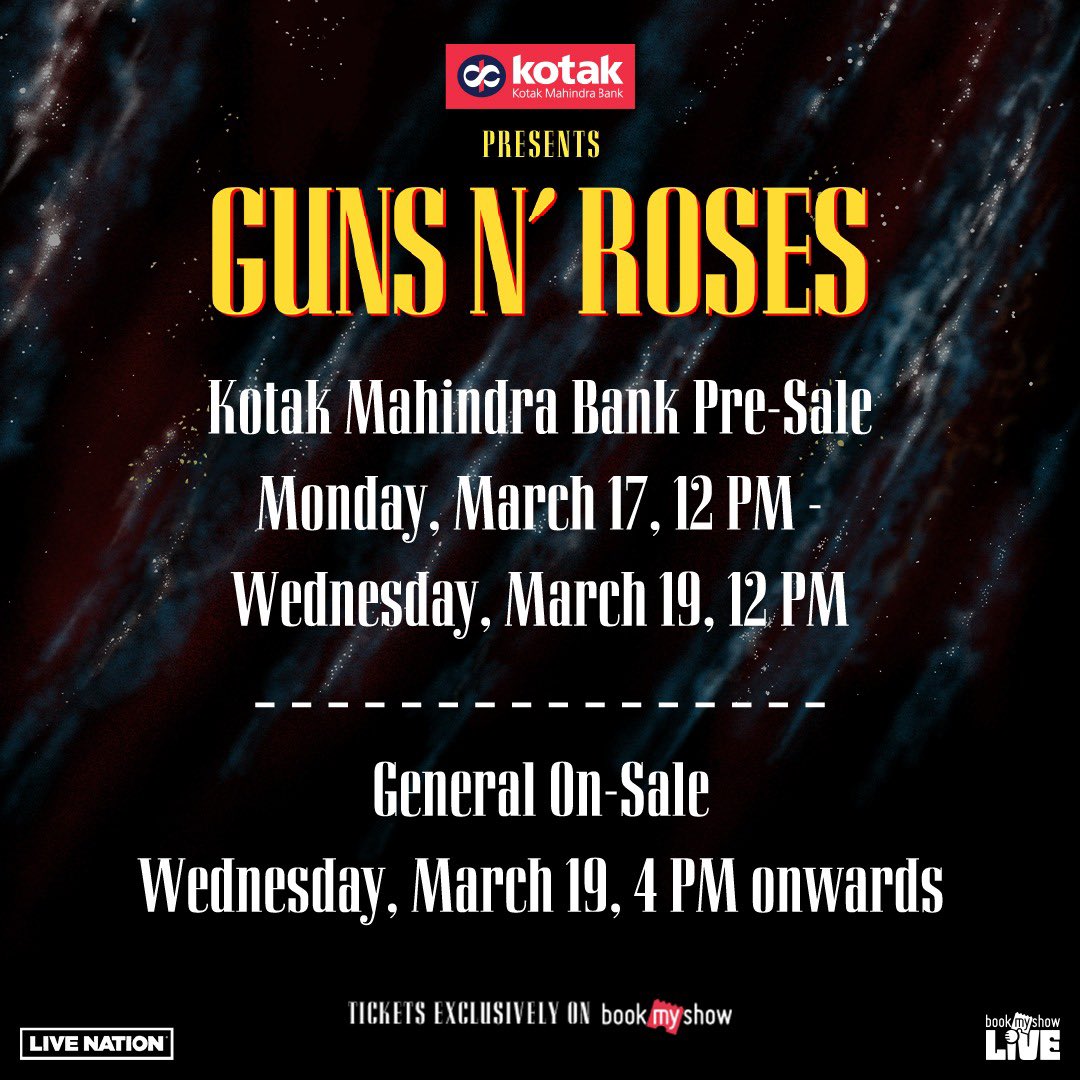 Bookmyshow_live's tweet photo. 🚨MUMBAI, ARE YOU READY?🚨

We’re bringing the rock & roll storm to Mahalaxmi Racecourse on May 17! 🎸

Kotak Mahindra Bank Pre-Sale:
March 17, 12 PM IST – March 19, 12 PM IST

General Sale:
March 19, 4 PM IST onwards

Let’s make history together. Grab your tickets & let’s tear it up! 🤌🏻