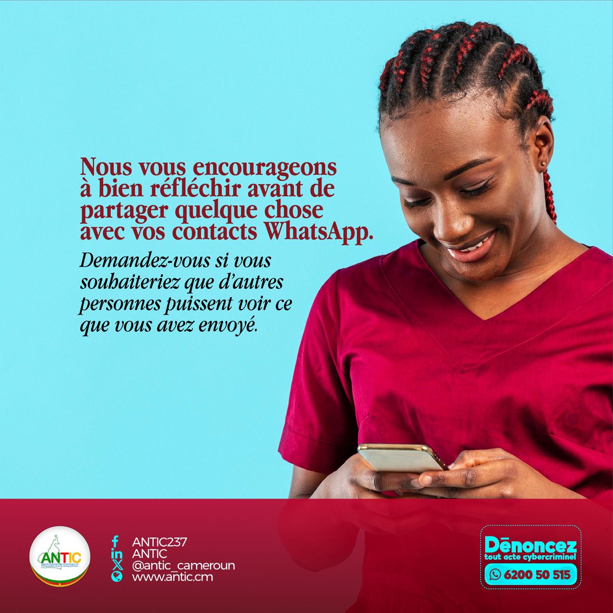 Nous vous encourageons à bien réfléchir avant de partager quelque chose avec vos contacts #WhatsApp. Demandez-vous si vous souhaiteriez que d’autres personnes puissent voir ce que vous avez envoyé. #ANTIC #BonnesPratiques