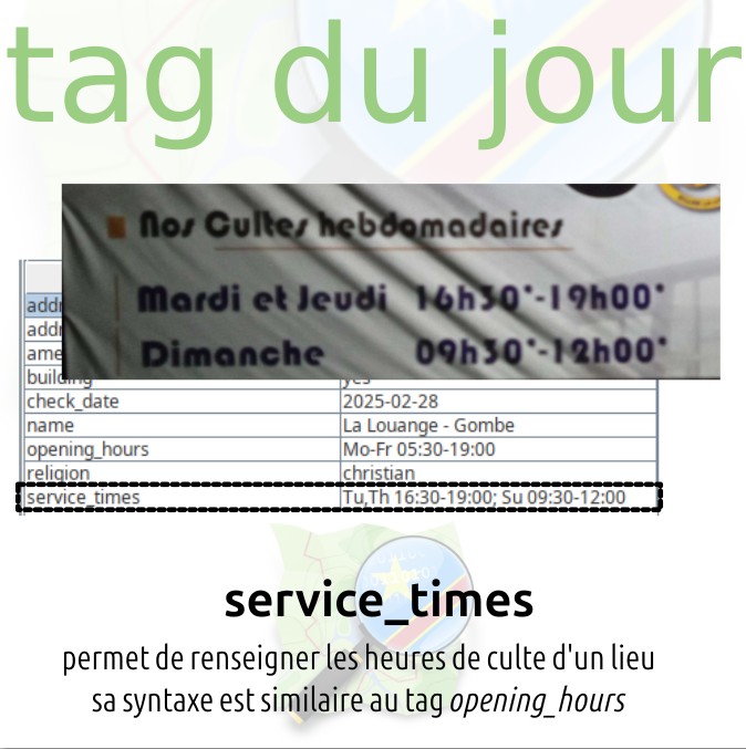 Renseignement des heures de culte avec la clé service_times, votre lieu de culte est-il bien enregistré dans #OpenStreetMap ?  wiki.openstreetmap.org/wiki/FR:Key:se… #osmtag