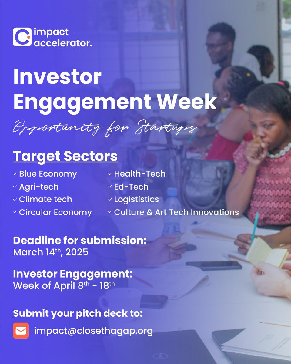 Ready to raise funds and gain exposure?  Send your pitch deck or reach out for details at impact@closethegap.org

Don’t miss this chance to accelerate growth and make an impact. 

Seize the opportunity today!

#InvestorEngagement #Funding #Entrepreneurship