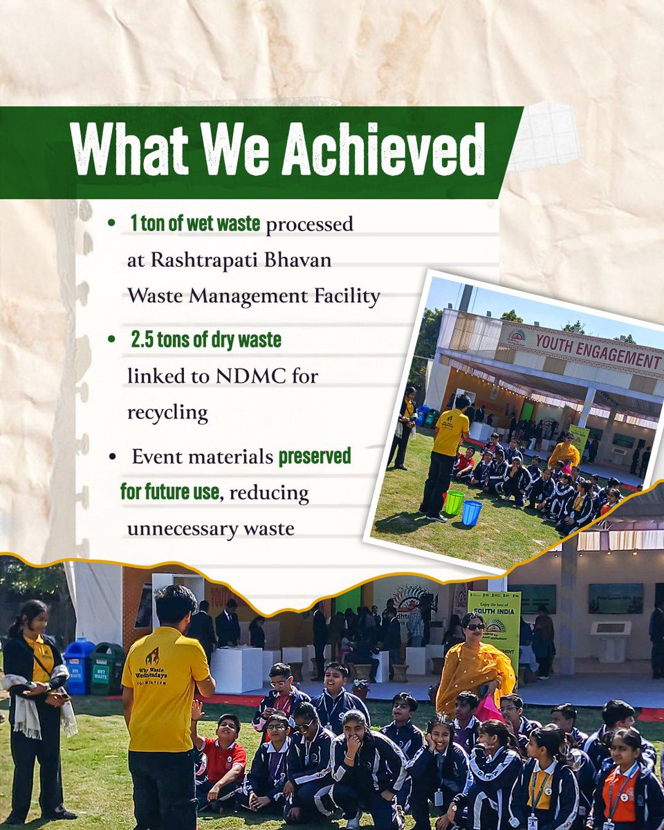 RBVisit's tweet photo. Celebrating diversity sustainably at Vividhta Ka Amrit Mahotsav! ♻️ With smart waste management, we ensured zero waste to landfills—processing 1 ton of wet waste & recycling 2.5 tons of dry waste. Let’s make every event #ZeroWaste! 🌍 #SustainabilityMatters #GreenEvents #VisitRB https://t.co/5rPWttwF88