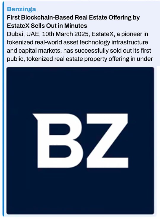 estatextokenize's tweet photo. Our first tokenized real estate offering sold out in under 5 minutes! 🚀 

Huge thanks to @Benzinga for the coverage.

Tokenizing real-world assets is no longer the future; it's happening now through crypto, RWAs and blockchain.

Check it out👇
 https://t.co/FKiHcwYUK3