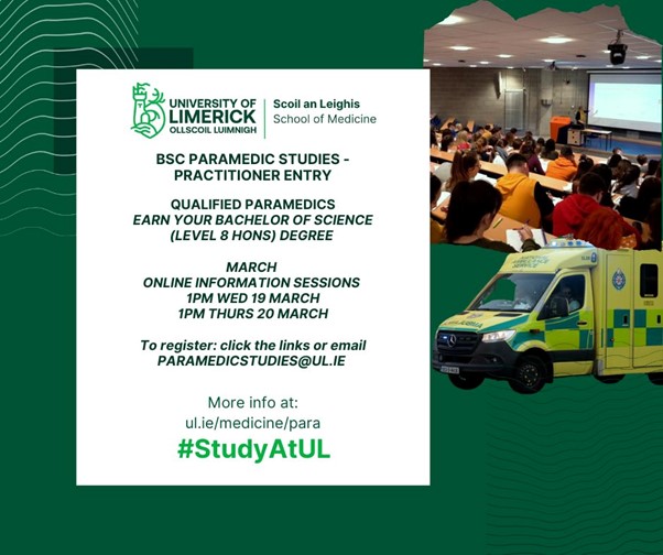 🚨Are you a registered Paramedic looking to obtain your BSc in Paramedic Studies? Join one of our online information sessions.
Click the links or email us to register.
Wed 19 March tinyurl.com/43j3effc
Thurs 20 March tinyurl.com/z98pdzxv
#StudyAtUL #ParamedicStudies