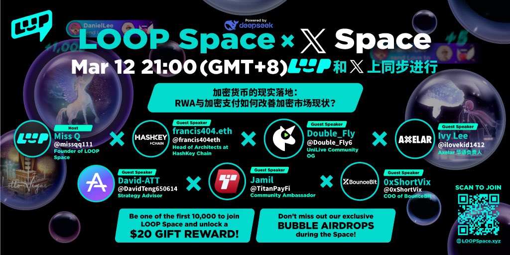 🚀 Loop Space&amp;Twitter 双平台同步深度探讨！
📅 3月12日 21:00（UTC+8）

🎙 加密货币的现实落地：RWA与加密支付如何改善加密市场现状？
主持：<a href="/LOOPSPACE_xyz/">LOOP SPACE｜中文</a> 
特邀嘉宾：<a href="/Axelarzh/">Axelar 中文</a> <a href="/aiwayworld/">ATT</a> @bounce_bit <a href="/HashKeyChain/">HashKey Chain</a> @TitanPayFi <a href="/UniLive_Web3/">UniLive</a> 

🎁 特别福利：
1️⃣ 参与 Loop Space
