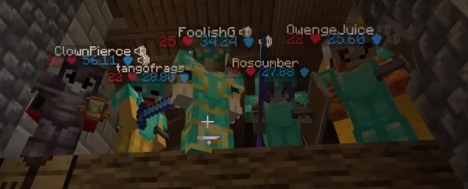 A Minecraft screenshot of ClownPierce, tangofrags, FoolsihG, Roscumer and OwengeJuice looking at the viewer from above.