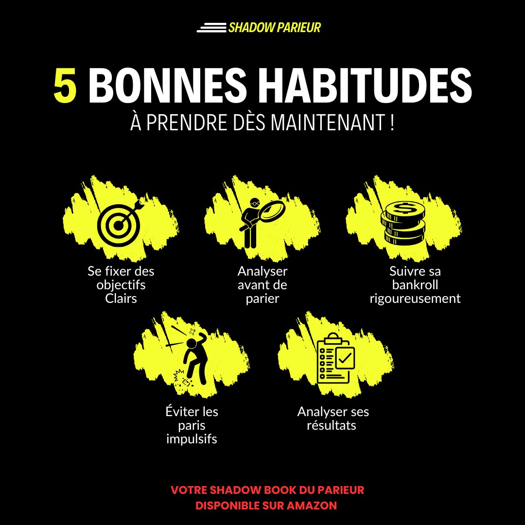 shadowparieur's tweet image. 🚀 5 bonnes habitudes pour parier comme un pro !

Si vous voulez éviter les paris compulsifs et prendre le contrôle de votre gestion, voici les
5 habitudes à adopter au quotidien 👇