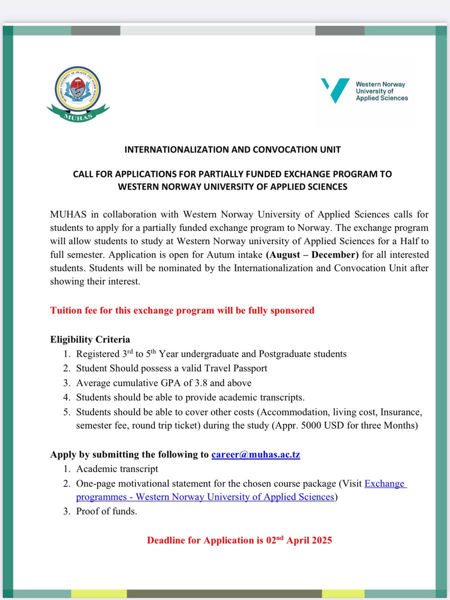 Dear MUHAS students <a href="/muhimbiliuniver/">Muhimbili University</a> <a href="/muhasso1/">MUHASSO</a> 

One more day left to apply for opportunity of elective exchange in Norway

hvl.no/en/

Apply