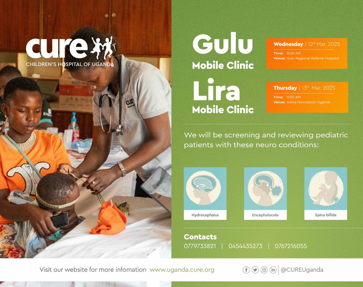 CUREuganda's tweet image. Good morning friends, tomorrow, we shall be at our mobile clinic in Gulu on March 12th and in Lira on March 13th to provide consultations and follow-ups for children with neurosurgical conditions like hydrocephalus and spina bifida. Call 0454435273 or 0767216055 for details.