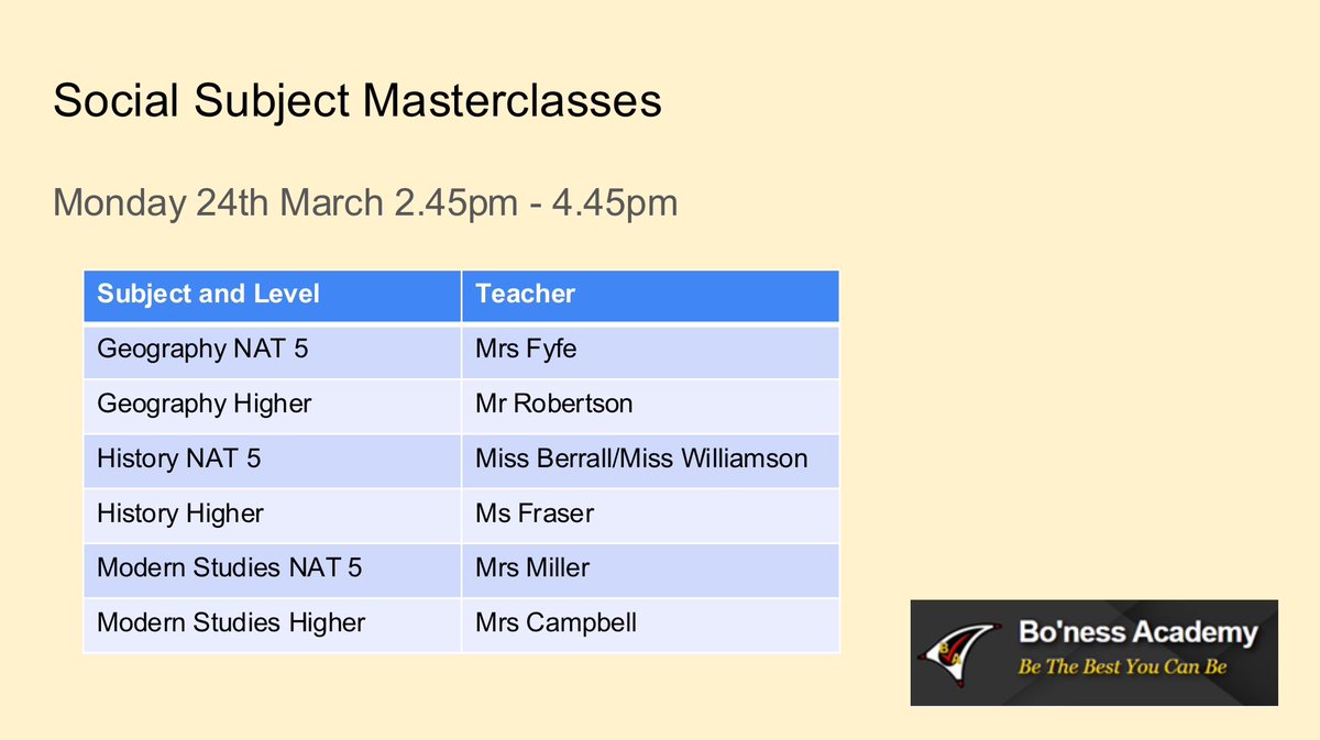 NAT 5 and Higher pupils date for your diaries: