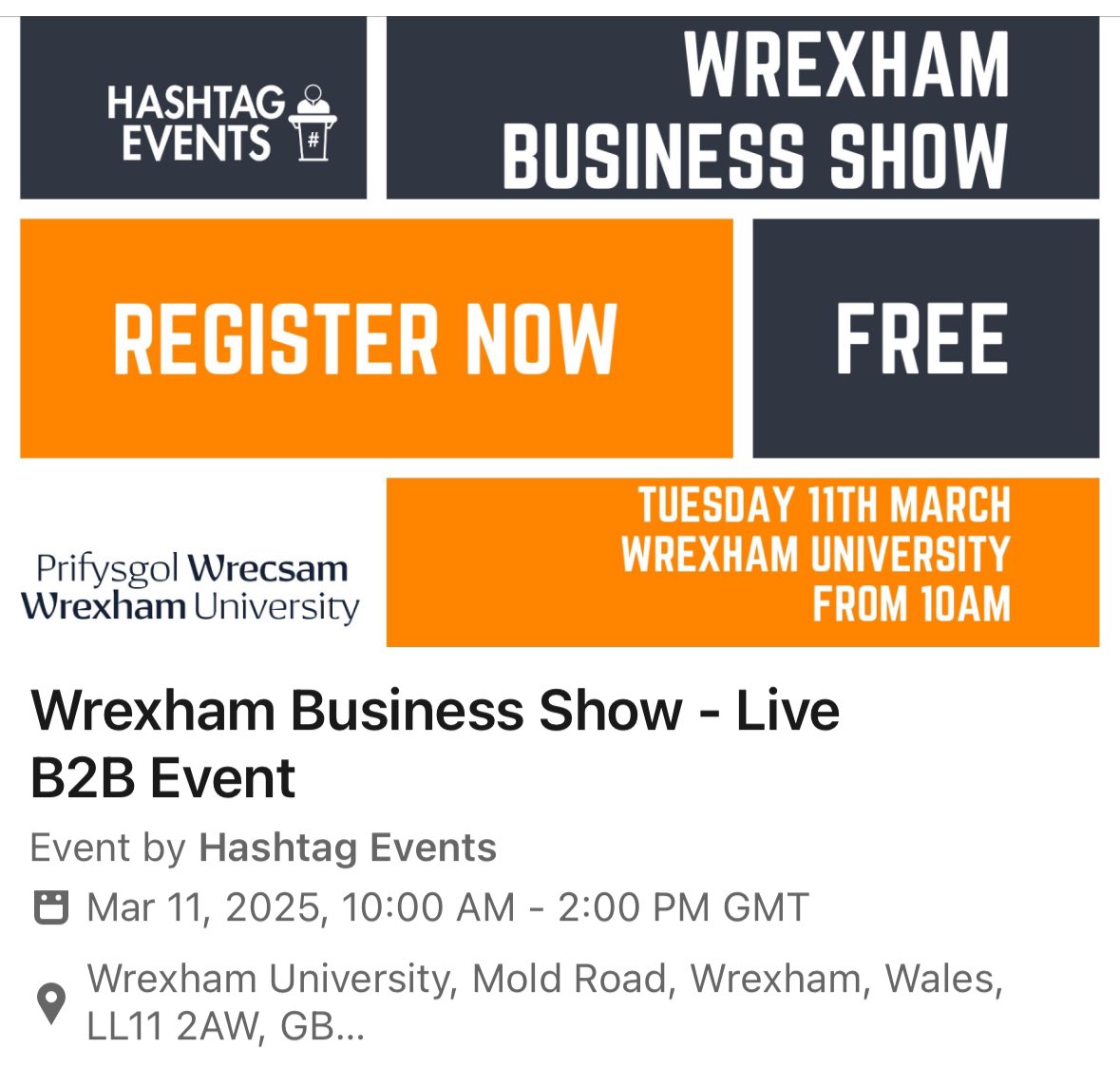 Morning North Wales Bore da

It’s a big day today for many in Wrexham attending <a href="/WrexhamUni/">Wrexham University</a> kindly hosted by <a href="/HashtagEventsUK/">Hashtag Events</a> 

hashtagevents.co.uk/business-shows…