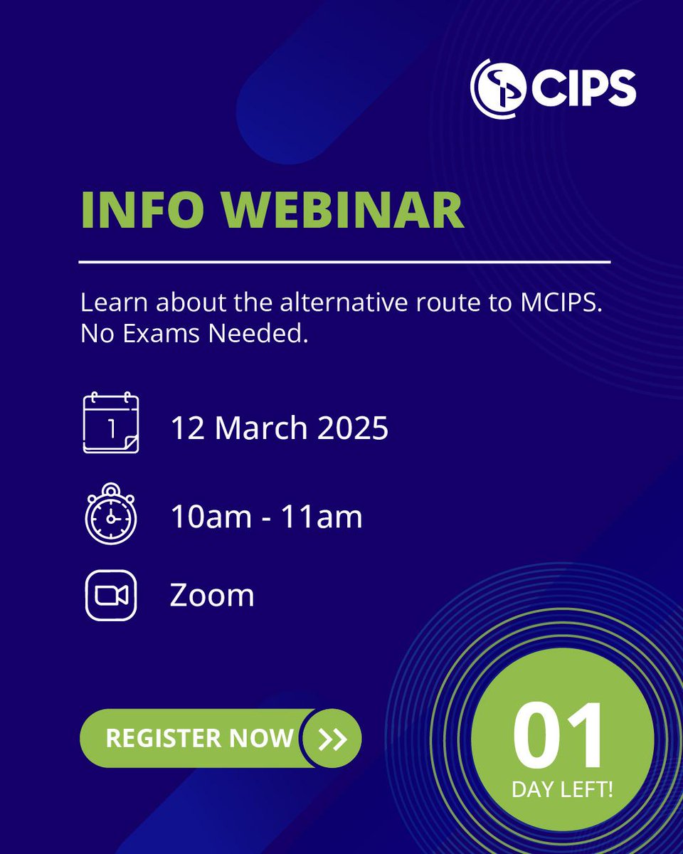 Only 𝟬𝟭 𝗱𝗮𝘆 𝗹𝗲𝗳𝘁 to register and join our 𝗜𝗻𝗳𝗼𝗿𝗺𝗮𝘁𝗶𝗼𝗻 𝗪𝗲𝗯𝗶𝗻𝗮𝗿! 

Don’t miss out! Click the link below to 𝗿𝗲𝗴𝗶𝘀𝘁𝗲𝗿.

okt.to/dQZexB 

#CIPSAfrica #MCIPS #AppliedLearning #CareerGrowth