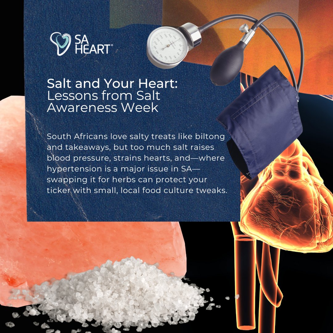 During Salt Awareness Week, consider this: South Africans love salty foods—biltong, takeaways, sauces—but too much salt raises blood pressure, a top heart disease risk. Cutting back is simple: try herbs or spices instead. Small changes, big heart benefits!