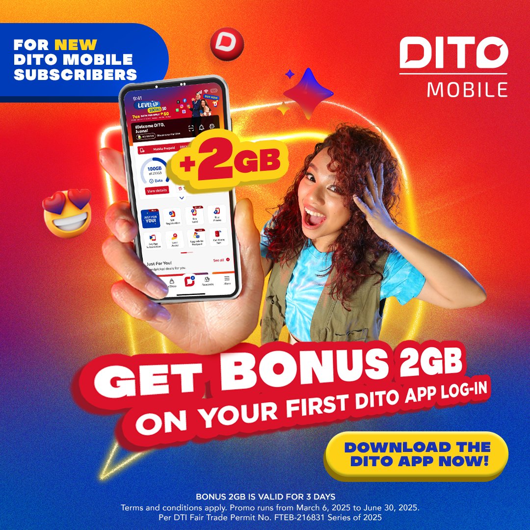 DITOphofficial's tweet photo. Ready to enjoy more data? Mag log in sa DITO App for the first time and get an extra 2GB all-access data valid for 3 days, along with special promos just for you!

Download the DITO App now to unlock the best offers today: https://t.co/cUFlQIdBjX

#DITOTelecommunity #DITOApp https://t.co/MS3vbjbI61