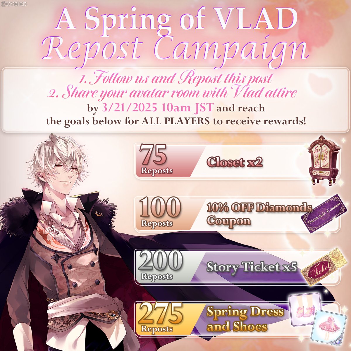 Ikémen Vampire EN (@ikevamp_en) on Twitter photo 🌸Spring has sprung with Vlad as the man of the season!🌸
So we're giving out rewards to celebrate!🎉
💡Rules:
1️⃣Follow <a href="/ikevamp_en/">Ikémen Vampire EN</a> & Repost this post
2️⃣Show off your avatar room with Vlad attire
3️⃣Reach all goals by 3/21 10am JST to get FREE attire!
#ikevamp
#otome 🌸Spring has sprung with Vlad as the man of the season!🌸
So we're giving out rewards to celebrate!🎉
💡Rules:
1️⃣Follow <a href="/ikevamp_en/">Ikémen Vampire EN</a> & Repost this post
2️⃣Show off your avatar room with Vlad attire
3️⃣Reach all goals by 3/21 10am JST to get FREE attire!
#ikevamp
#otome